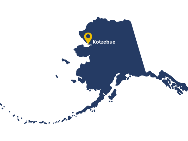 Map of Alaska with a pin locating Kotzebue.