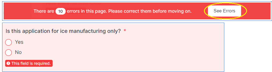 The number of errors will appear on the top of the page with an option to see errors on the right. All sections containing errors will have a red background.