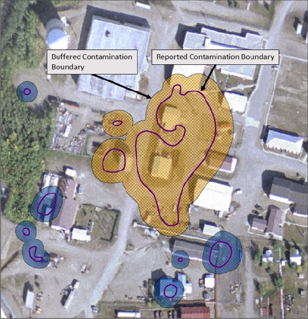 map showing buffered contamination boundary and reported contamination boundary