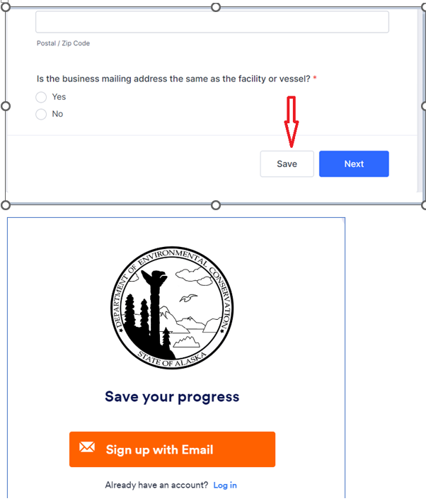 The button to save application progress can be found on the bottom right of the page. When prompted, click Sign Up with Email, and enter your email address.
