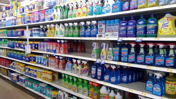 Cleaners and sanitizers on a store shelf