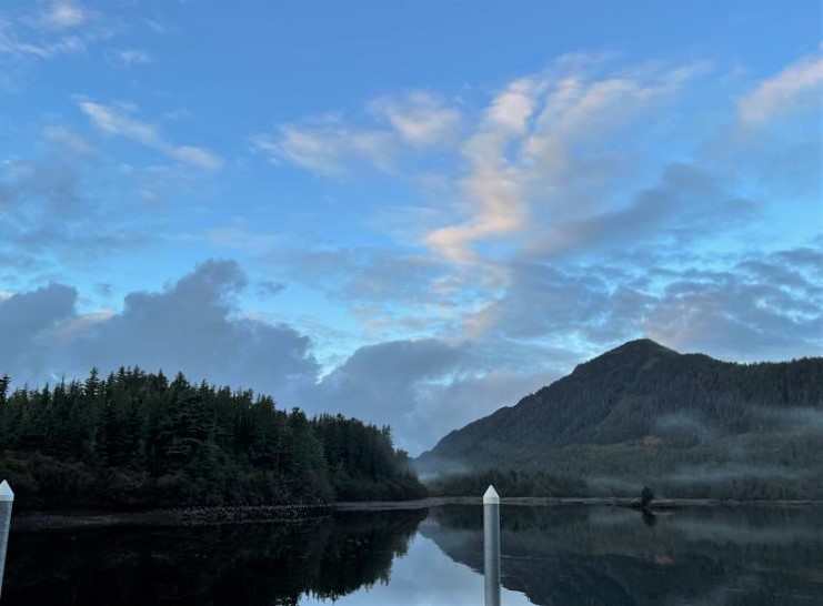 View of the mountains and water from the lodge.
