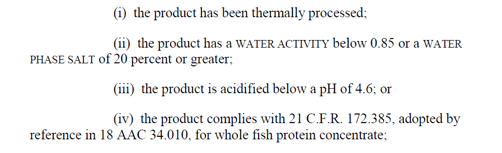 Image of the regulation 18 AAC 34.122 a 6 A which covers standards of shelf stable seafood products. This can be found in the link near the top of the page for 18 AAC 34.