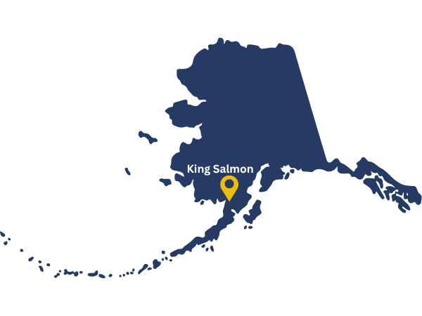Map of Alaska with the location of King Salmon pinned.
