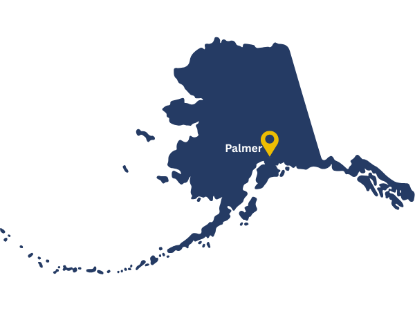 Map of Alaska with the location of Palmer pinned.