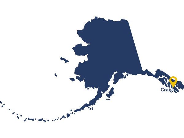 Map of Alaska with a pin locating Craig.
