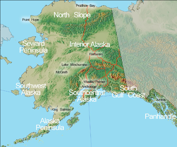 Map of Alaska with Aleutians omitted