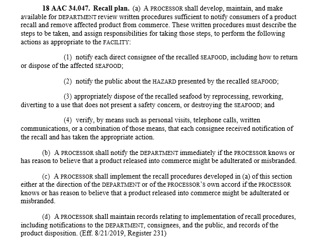 Image of the regulation 18 AAC 34.047 which covers the requirements of a recall plan.