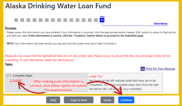After making sure information is correct, click either the submit link at the top of the page or the continue button at the bottom of the page.