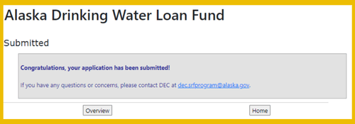 Congratulations, the application has been submitted.  If you have any questions or concerns, please email the DEC SRF program.