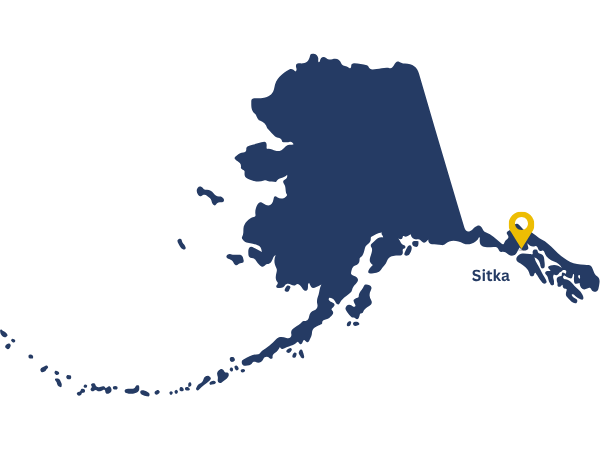 Map of Alaska with the location of Sitka pinned.