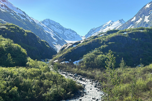 Scenic view of a valley and creek in Alaska between Portage and Seward Alaska.