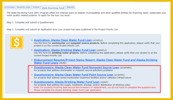 Select the appropriate questionnaire based of type of project.