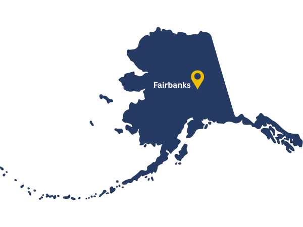 Map of Alaska with the location of Fairbanks pinned.