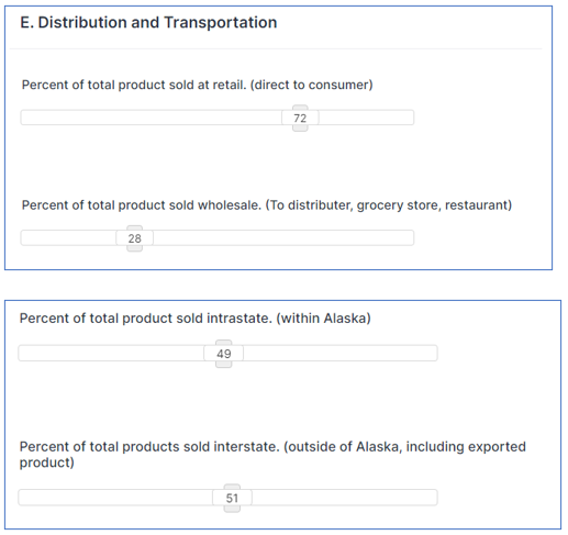 Application provides sliding bars to select what percentage of product you will sell retail, wholesale, intrastate, and interstate.